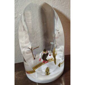 Vintage Large Lucite Paperweight, Man Downhill Skiing, Canada MCM, 5.5" x 3.5"
